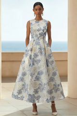 Dusty Blue A-Line Floral Wedding Guest Dress With Pockets
