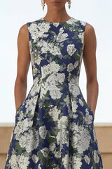 A Line Navy Floral Round Neck Wedding Guest Dress with Pockets