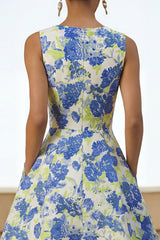 Floral A Line Blue Round Neck Wedding Guest Dress with Pockets