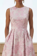 Floral Pink Brocade A Line Wedding Guest Dress with Pockets