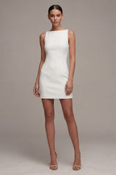 White Bateau Neck Satin Mini Engagement Dress