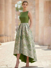 A-Line Cocktail Dress Elegant Jacquard Floral Dress High Low Tea Length Sleeveless Round Neck with Pocket Wedding Guest Dress