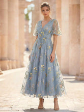 A-Line/Princess Floral Cocktail Dresses Short Sleeves V Neck Tea Length Dresses