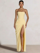 A-Line/Princess Prom Dresses Strapless Floor-Length Side Split With Pleats&Back Lace-Up Long Prom Dresses