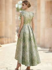 A-Line Cocktail Dress Elegant Jacquard Floral Dress High Low Tea Length Short Sleeves Round Neck with Pocket Wedding Guest Dress