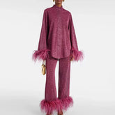 Women's Sequin Set with Feather Trim Sleeves and Hem