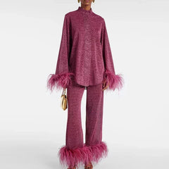 Women's Sequin Set with Feather Trim Sleeves and Hem