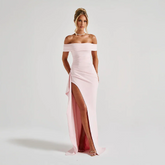 Robe longue femme avec épaules dénudées et fente