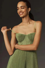 Olive Green Pleated Midi Dress with Straps