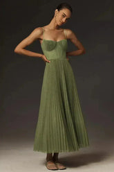 Olive Green Pleated Midi Dress with Straps