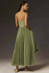 Olive Green Pleated Midi Dress with Straps