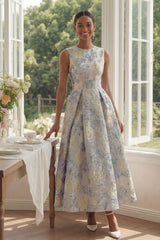 Dusty Blue A-Line Floral Wedding Guest Dress With Pockets