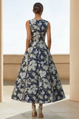 A Line Navy Floral Round Neck Wedding Guest Dress with Pockets