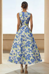 Floral A Line Blue Round Neck Wedding Guest Dress with Pockets