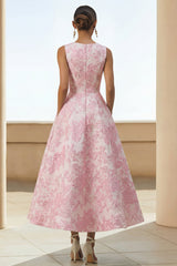 Floral Pink Brocade A Line Wedding Guest Dress with Pockets