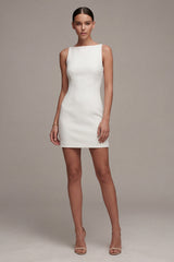 White Bateau Neck Satin Mini Engagement Dress