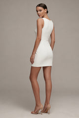 White Bateau Neck Satin Mini Engagement Dress