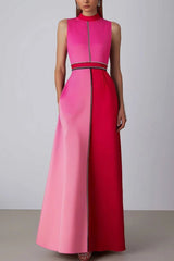 Pink Colorblock High Neck Maxi Formal Dress