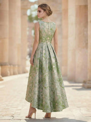 A-Line Cocktail Dress Elegant Jacquard Floral Dress High Low Tea Length Sleeveless Round Neck with Pocket Wedding Guest Dress