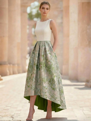 A-Line Cocktail Dress Elegant Jacquard Floral Dress High Low Tea Length Sleeveless Round Neck with Pocket Wedding Guest Dress