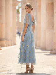 A-Line/Princess Floral Cocktail Dresses Short Sleeves V Neck Tea Length Dresses