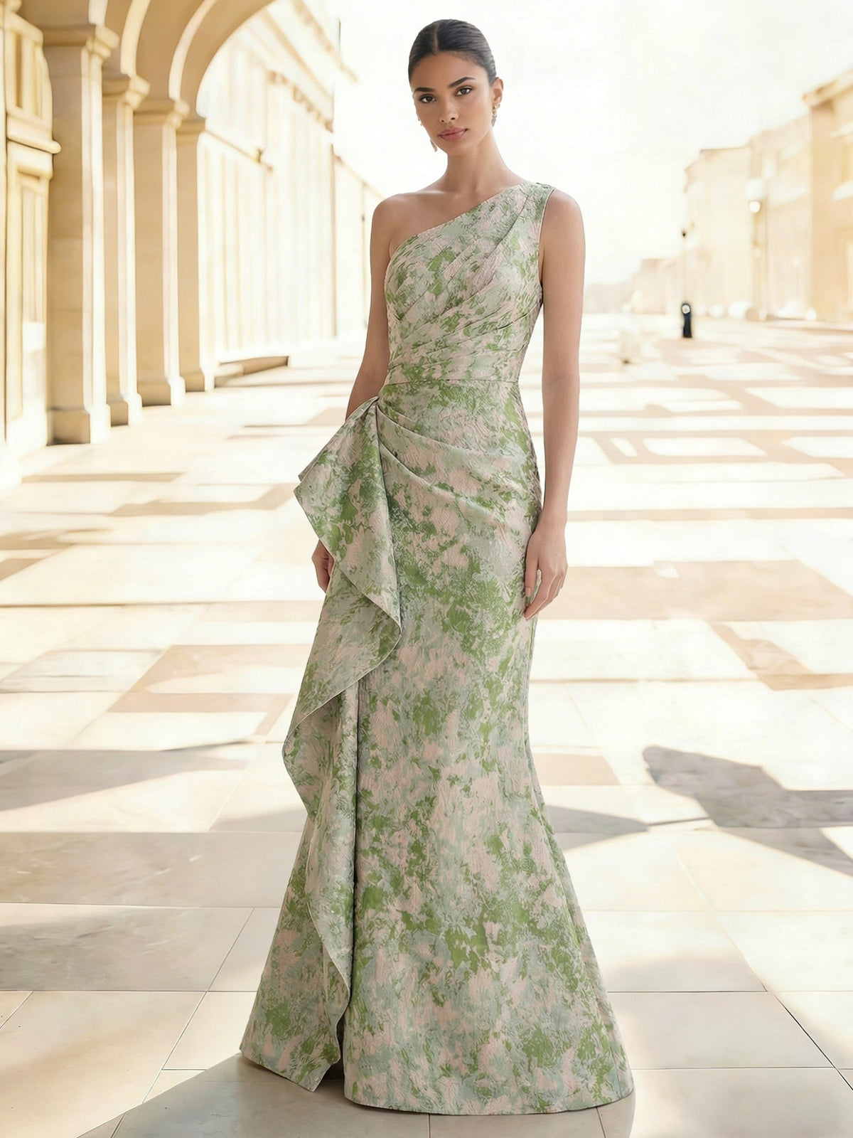 Sheath/Column Evening Gown Elegant Jacquard Floral Dress Prom Floor Length Sleeveless One Shoulder Ruffle with Slid Split Green Wedding Guest Dress