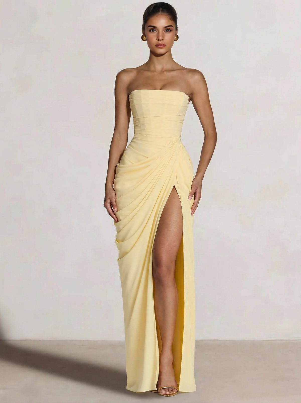 A-Line/Princess Prom Dresses Strapless  Floor-Length Side Split With Pleats&Back Lace-Up Long Prom Dresses