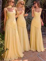 A Line/Princesses Prom Dresses Ruched Chiffon Spaghetti Straps Floor-Length Formal Dress Wedding Guest