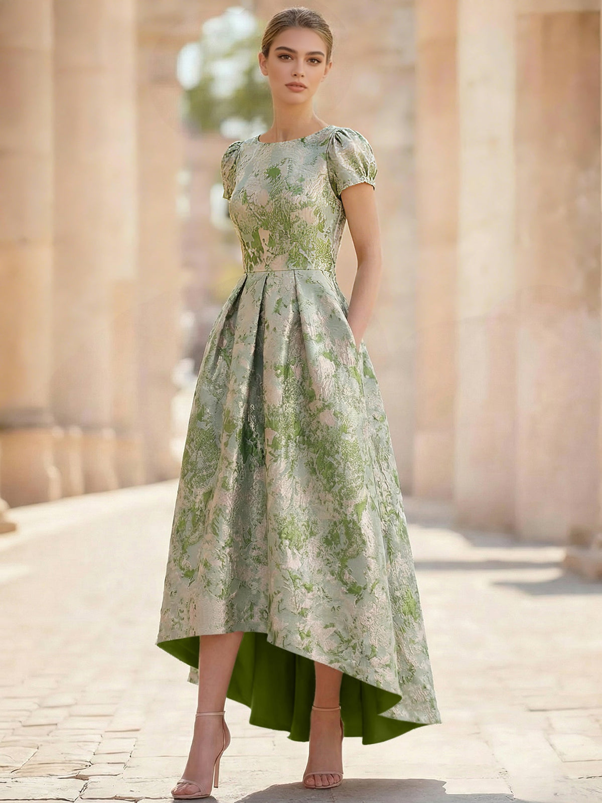 A-Line Cocktail Dress Elegant Jacquard Floral Dress High Low Tea Length Short Sleeves Round Neck with Pocket Wedding Guest Dress