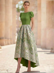 A-Line Cocktail Dress Elegant Jacquard Floral Dress High Low Tea Length Short Sleeves Round Neck with Pocket Wedding Guest Dress