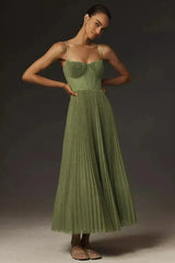 Olive Green Pleated Midi Dress with Straps