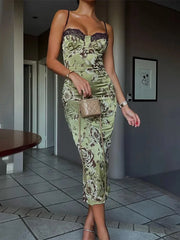 Robe Midi Fleurie Satinée Corset Sans Bretelles Soirée Été